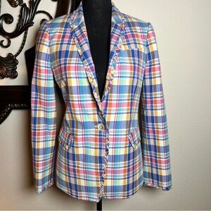 J.Crew Woman’s Regent 100% Cotton Colorful Ruffle Plaid One Button Blazer 8